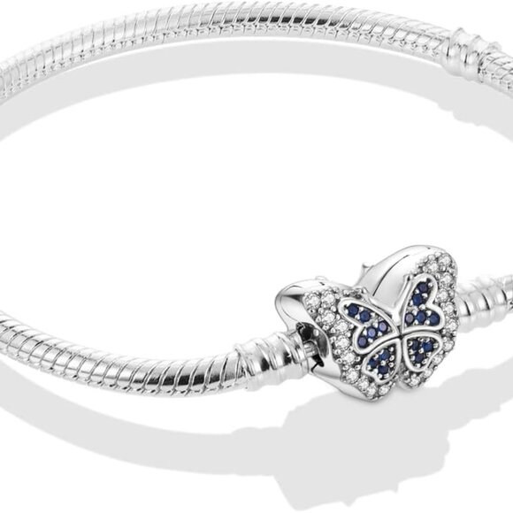 Sterling Silver Snake Chain Charm Bracelet with Cubic Zirconia for Women - Picture 1 of 7